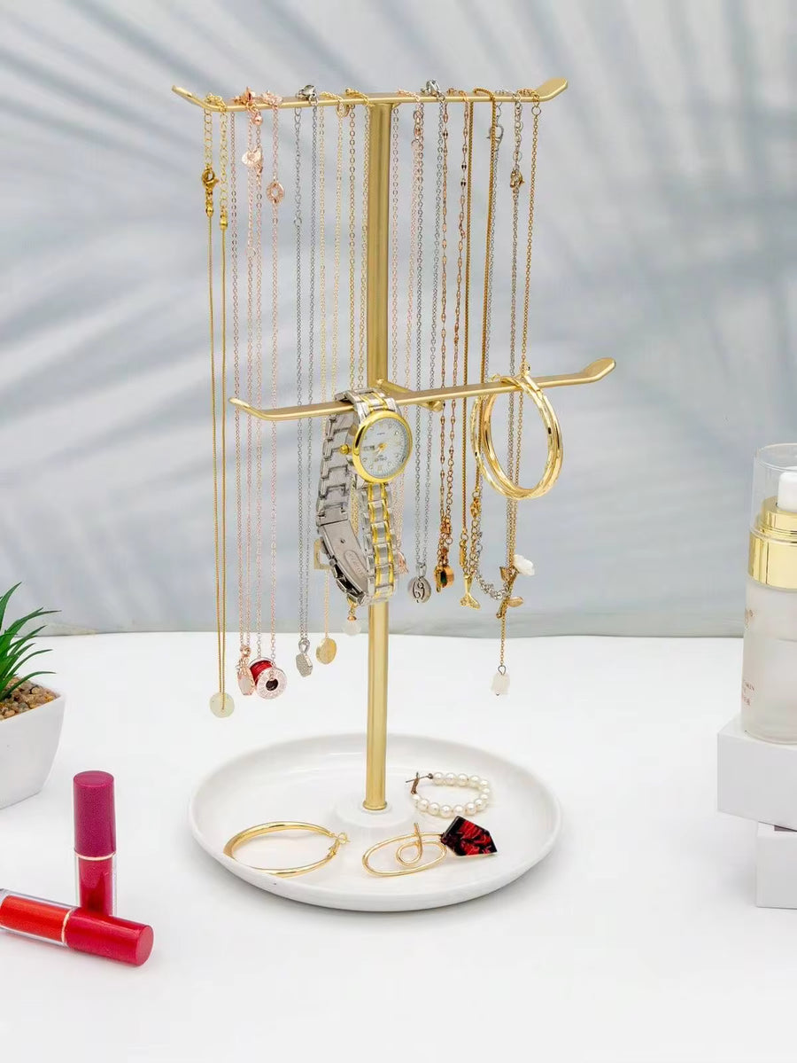 1pc Elegant Jewelry Storage Rack 2-Layer Display Stand, Used For Earrings, Necklaces, Ring Tray, Spacious , Easy To Assemble, White And Gold Sun Travel Cool Back To School