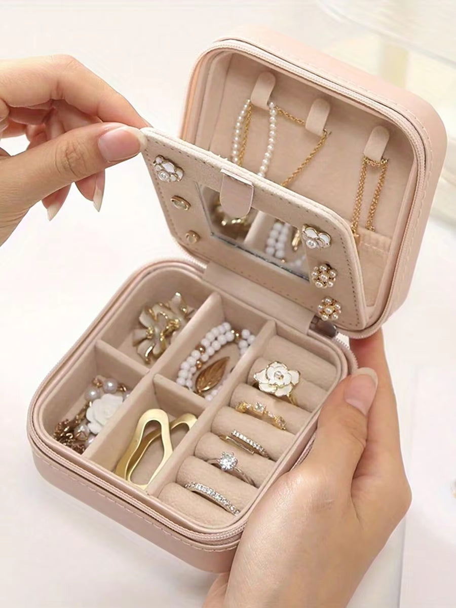 1pc Travel Jewelry Box, Women's Gift, Mini Jewelry Organizer With Mirror For Necklaces & Earrings, Pink Travel Essential, Women's Day Gift, Suitable For Vacation, Beach, Bathroom, Bedroom, Large Capacity