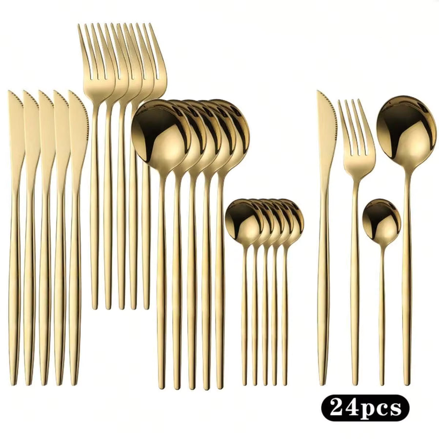 Stainless Steel Cutlery Sets (10/24/48 Pieces), Including Forks, Spoons, Knives, Coffee Spoons, And Steak Knives; Reusable; Serving Sizes For 2/4/6/8 People.