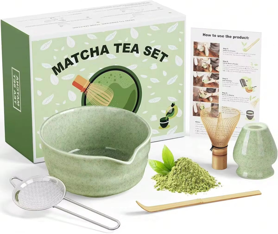 Dayacoco Matcha Whisk Set,Ceramic Matcha Kit Set Includes Bowl With Spout, Whisk,Holder,Bamboo Scoop And Sifter,5 Pcs Matcha Tea Kit For Matcha Lovers, Ideal Gift For Christmas, Birthday (Green)