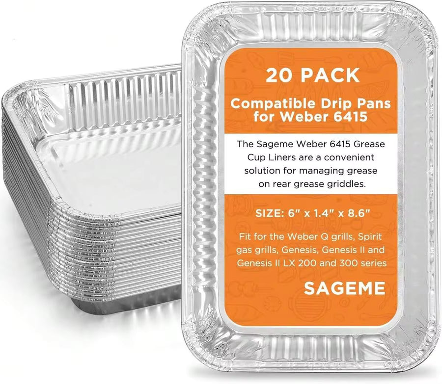 Sageme 20 Pack  Grills Compatible Drip Pans 6415 For  Grills Spirit Gas Grills, Q Grills, Genesis And Genesis II LX 200 300 Series Disposable Aluminum Foil Grease Trays 6 X 1.4 X 8.6 Inches
