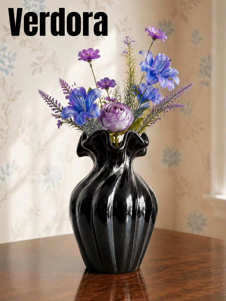 1pc Wavy Edge Decorative Vase, Glossy Black And Spotted White, Suitable For Living Room, Tabletop, Shelf And Entryway, Modern Farmhouse Style Home Decor